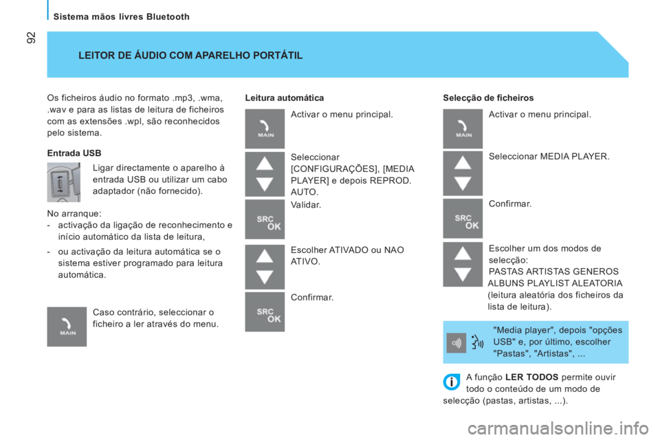 CITROEN NEMO 2014  Manual do condutor (in Portuguese)  92
   
Sistema mãos livres Bluetooth  
 
Os ficheiros áudio no formato .mp3, .wma, 
.wav e para as listas de leitura de ficheiros 
com as extensões .wpl, são reconhecidos 
pelo sistema.     
Sele CITROEN NEMO 2014  Manual do condutor (in Portuguese)  92
   
Sistema mãos livres Bluetooth  
 
Os ficheiros áudio no formato .mp3, .wma, 
.wav e para as listas de leitura de ficheiros 
com as extensões .wpl, são reconhecidos 
pelo sistema.     
Sele