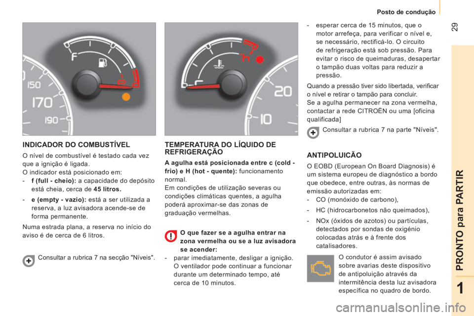 CITROEN NEMO 2013 Manual do condutor (in Portuguese) 29
1
PRONTO para PARTIR
Posto de condução
INDICADOR DO COMBUSTÍVEL
O nível de combustível é testado cada vez
que a ignição é ligada.
O indicador está posicionado em:
CITROEN NEMO 2013 Manual do condutor (in Portuguese) 29
1
PRONTO para PARTIR
Posto de condução
INDICADOR DO COMBUSTÍVEL
O nível de combustível é testado cada vez
que a ignição é ligada.
O indicador está posicionado em: