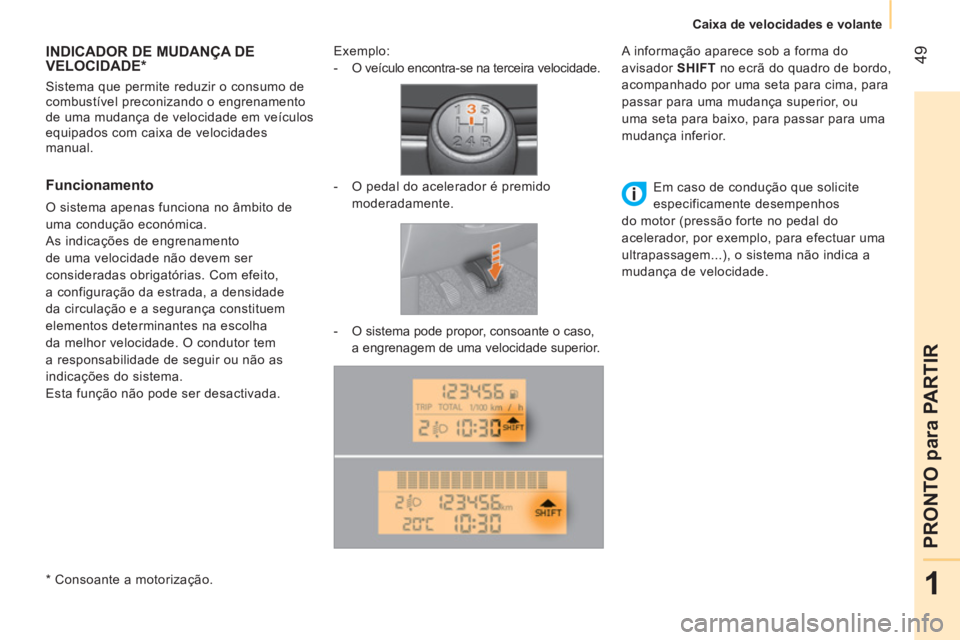 CITROEN NEMO 2013 Manual do condutor (in Portuguese) 49
1
PRONTO para PARTIR
Caixa de velocidades e volante
INDICADOR DE MUDANÇA DE
VELOCIDADE *
Sistema que permite reduzir o consumo de
combustível preconiz CITROEN NEMO 2013 Manual do condutor (in Portuguese) 49
1
PRONTO para PARTIR
Caixa de velocidades e volante
INDICADOR DE MUDANÇA DE
VELOCIDADE *
Sistema que permite reduzir o consumo de
combustível preconiz