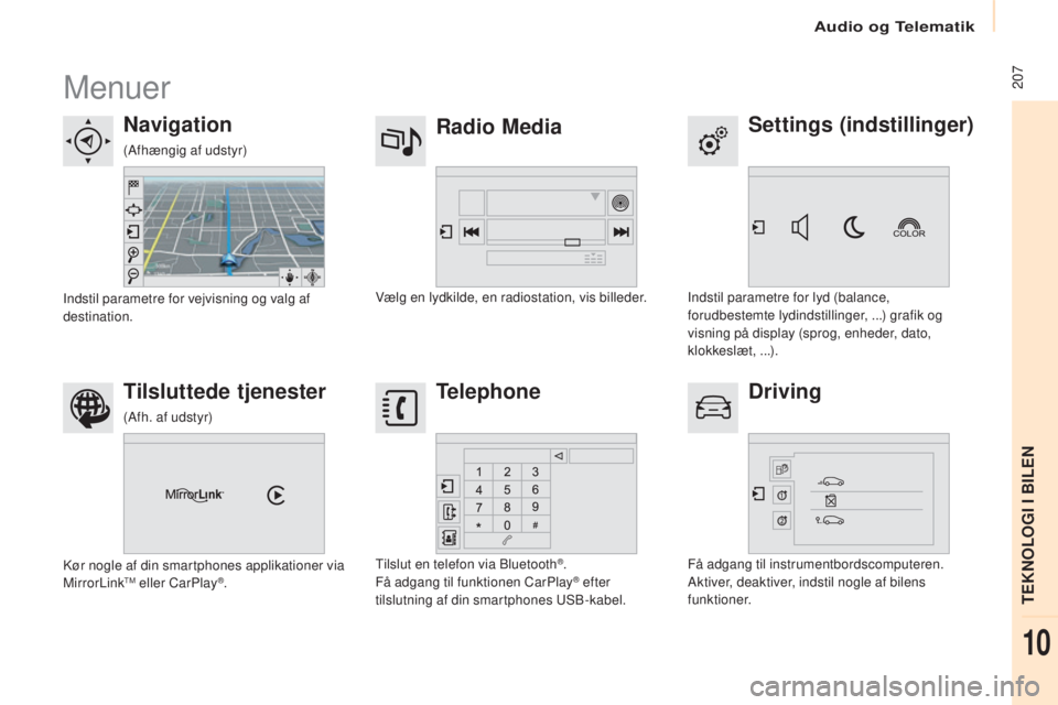 CITROEN BERLINGO MULTISPACE 2017 InstruktionsbØger (in Danish) 207
Berlingo2VP_da_Chap10a_SMEGplus_ed02-2016
Menuer
Settings (indstillinger)
Radio Media
Navigation
Driving
Tilsluttede tjenester Telephone
Indstil parametre for lyd (balance,
forudbestemte lydinds CITROEN BERLINGO MULTISPACE 2017 InstruktionsbØger (in Danish) 207
Berlingo2VP_da_Chap10a_SMEGplus_ed02-2016
Menuer
Settings (indstillinger)
Radio Media
Navigation
Driving
Tilsluttede tjenester Telephone
Indstil parametre for lyd (balance,
forudbestemte lydinds