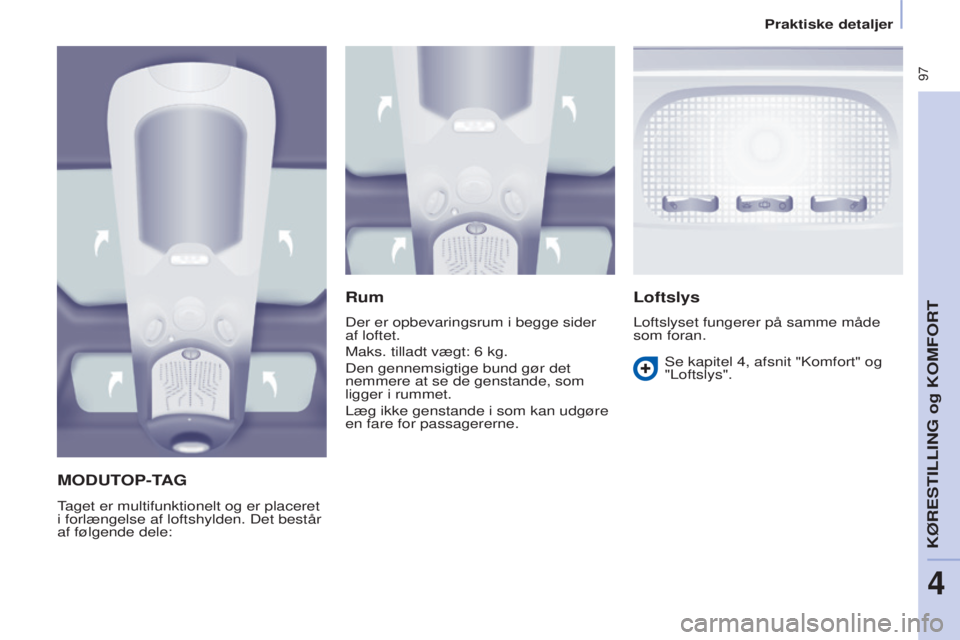 CITROEN BERLINGO MULTISPACE 2017 InstruktionsbØger (in Danish) 97
Berlingo2VP_da_Chap04_Ergonomie_ed02-2016Berlingo2VP_da_Chap04_Ergonomie_ed02-2016
MODUTOP-TAG
Taget er multifunktionelt og er placeret
i forlængelse af loftshylden. Det består
af følgende de CITROEN BERLINGO MULTISPACE 2017 InstruktionsbØger (in Danish) 97
Berlingo2VP_da_Chap04_Ergonomie_ed02-2016Berlingo2VP_da_Chap04_Ergonomie_ed02-2016
MODUTOP-TAG
Taget er multifunktionelt og er placeret
i forlængelse af loftshylden. Det består
af følgende de