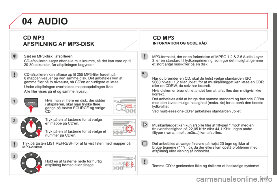 CITROEN BERLINGO MULTISPACE 2014 InstruktionsbØger (in Danish) 9.69
04
Berlingo-2-VP-papier_da_Chap09c_RD45_ed01_2014
MP3-formatet, der er en forkortelse af MPEG 1,2 & 2.5 Audio Layer 3, er en standard til lydkomprimering, som gør det muligt at gemme et stort CITROEN BERLINGO MULTISPACE 2014 InstruktionsbØger (in Danish) 9.69
04
Berlingo-2-VP-papier_da_Chap09c_RD45_ed01_2014
MP3-formatet, der er en forkortelse af MPEG 1,2 & 2.5 Audio Layer 3, er en standard til lydkomprimering, som gør det muligt at gemme et stort