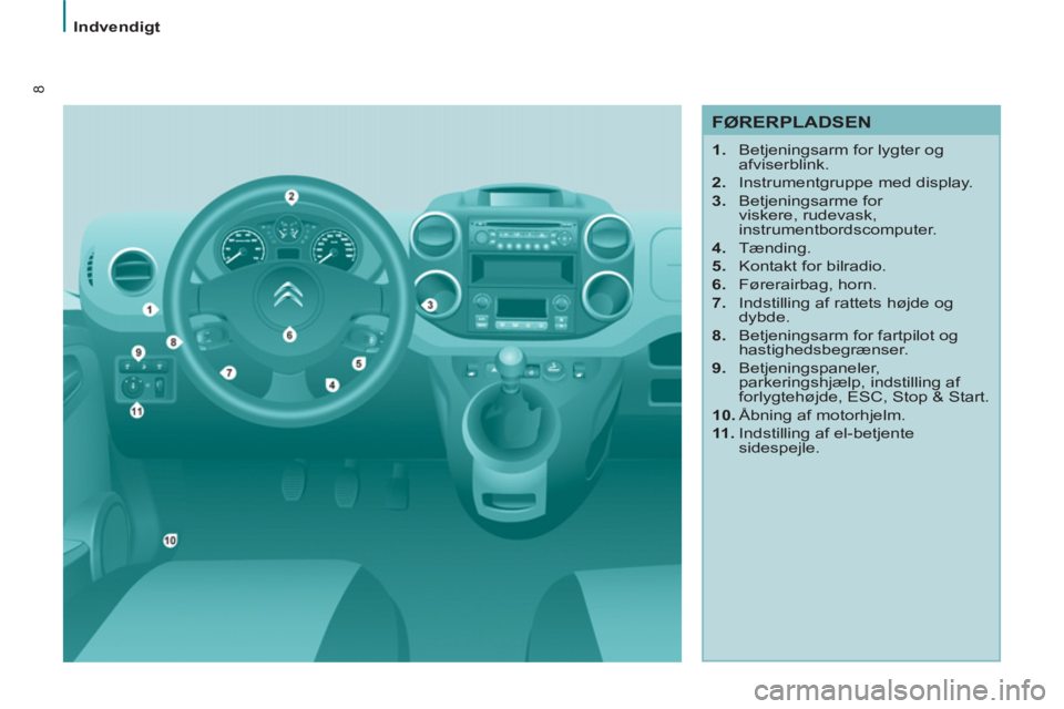 CITROEN BERLINGO MULTISPACE 2013  InstruktionsbØger (in Danish) 8
   
 
Indvendigt  
 
 
 
FØRERPLADSEN 
 
 
 
1. 
  Betjeningsarm for lygter og 
afviserblink. 
   
2. 
  Instrumentgruppe med display. 
   
3. 
 Betjeningsarme for 
viskere, rudevask, 
instrumentbo