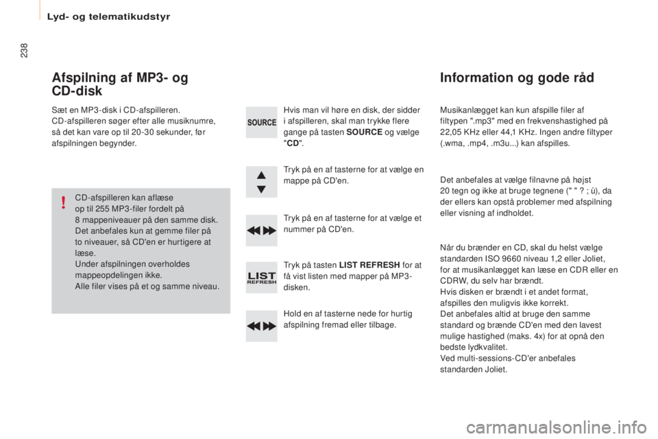 CITROEN BERLINGO ELECTRIC 2017 InstruktionsbØger (in Danish) 238
berlingo-2-V u_da_Chap10b_ rD45_ed01-2015
Musikanlægget kan kun afspille filer af
filtypen ".mp3" med en frekvenshastighed på
22,05
k
H
z eller 44,1 k
H
z. Ingen andre filtyper
(. CITROEN BERLINGO ELECTRIC 2017 InstruktionsbØger (in Danish) 238
berlingo-2-V u_da_Chap10b_ rD45_ed01-2015
Musikanlægget kan kun afspille filer af
filtypen ".mp3" med en frekvenshastighed på
22,05
k
H
z eller 44,1 k
H
z. Ingen andre filtyper
(.
