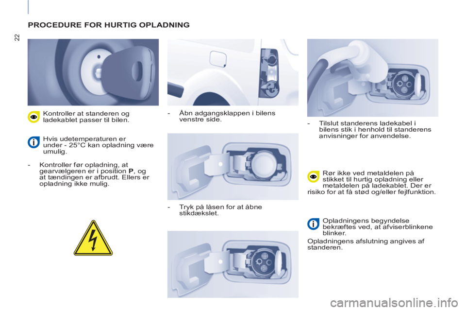 CITROEN BERLINGO ELECTRIC 2017 InstruktionsbØger (in Danish) 22
PROCEDURE FOR HURTIG OPLADNING
- Kontroller før opladning, at
gearvælgeren er i position P
, og
at tændingen er afbrudt. Ellers er
opladning ikke mulig.
Kontroller at stander CITROEN BERLINGO ELECTRIC 2017 InstruktionsbØger (in Danish) 22
PROCEDURE FOR HURTIG OPLADNING
- Kontroller før opladning, at
gearvælgeren er i position P
, og
at tændingen er afbrudt. Ellers er
opladning ikke mulig.
Kontroller at stander