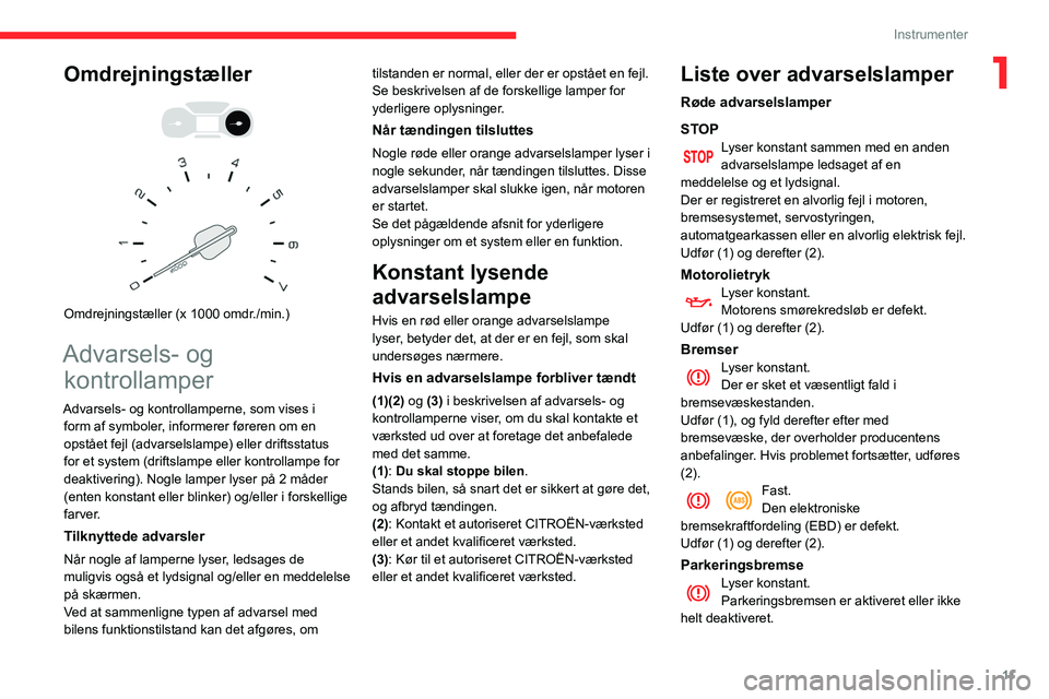 CITROEN BERLINGO VAN 2021 InstruktionsbØger (in Danish) 11
Instrumenter
1Omdrejningstæller
Omdrejningstæller (x 1000 omdr./min.)
Advarsels- og kontrollamper
Advarsels- og kontrollamperne, som vises i
form af symboler, informerer føreren om en
CITROEN BERLINGO VAN 2021 InstruktionsbØger (in Danish) 11
Instrumenter
1Omdrejningstæller
Omdrejningstæller (x 1000 omdr./min.)
Advarsels- og kontrollamper
Advarsels- og kontrollamperne, som vises i
form af symboler, informerer føreren om en