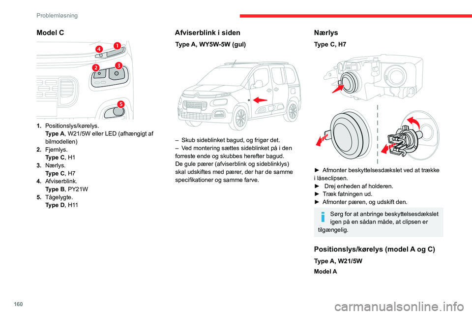 CITROEN BERLINGO VAN 2021 InstruktionsbØger (in Danish) 160
Problemløsning
Model C
1.Positionslys/kørelys.
Type
A, W21/5W eller LED (afhængigt af
bilmodellen)
2. Fjernlys.
Type
C, H1
3. Nærlys.
Type
C, H7
4. Afviserblink.
Type
B, PY21W
5. T CITROEN BERLINGO VAN 2021 InstruktionsbØger (in Danish) 160
Problemløsning
Model C
1.Positionslys/kørelys.
Type
A, W21/5W eller LED (afhængigt af
bilmodellen)
2. Fjernlys.
Type
C, H1
3. Nærlys.
Type
C, H7
4. Afviserblink.
Type
B, PY21W
5. T