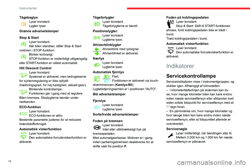 CITROEN BERLINGO VAN 2021 InstruktionsbØger (in Danish) 16
Instrumenter
TågebaglysLyser konstant.
Lygten lyser.
Grønne advarselslamper
Stop & Start
Lyser konstant.
Når bilen standser, stiller Stop & Start
motoren i STOP-funktion.
Blinker kortvarigt.
ST CITROEN BERLINGO VAN 2021 InstruktionsbØger (in Danish) 16
Instrumenter
TågebaglysLyser konstant.
Lygten lyser.
Grønne advarselslamper
Stop & Start
Lyser konstant.
Når bilen standser, stiller Stop & Start
motoren i STOP-funktion.
Blinker kortvarigt.
ST