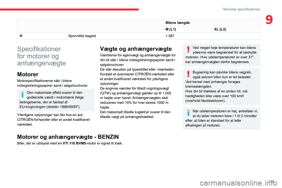 CITROEN BERLINGO VAN 2021 InstruktionsbØger (in Danish) 173
Tekniske specifikationer
9Bilens længde
M (L1)XL (L2)
H Sporvidde bagest 1.567
Specifikationer
for motorer og
anhængervægte
Motorer
Motorspecifikationerne står i bilens
indregistreringspapi CITROEN BERLINGO VAN 2021 InstruktionsbØger (in Danish) 173
Tekniske specifikationer
9Bilens længde
M (L1)XL (L2)
H Sporvidde bagest 1.567
Specifikationer
for motorer og
anhængervægte
Motorer
Motorspecifikationerne står i bilens
indregistreringspapi