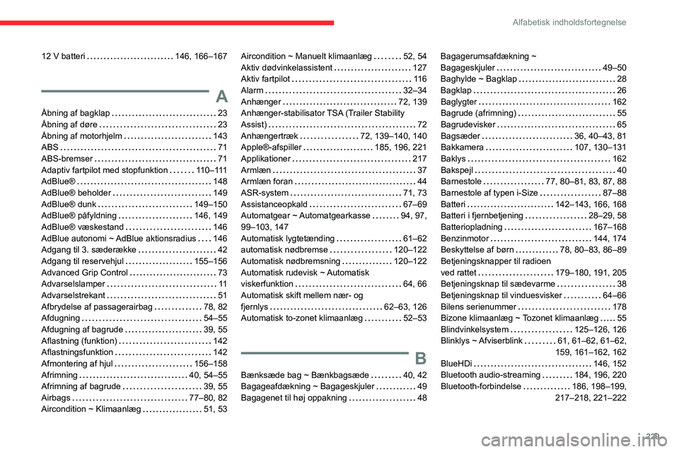 CITROEN BERLINGO VAN 2021 InstruktionsbØger (in Danish) 229
Alfabetisk indholdsfortegnelse
12 V batteri 146, 166–167
A
Åbning af bagklap 23
Åbning af døre
23
Åbning af motorhjelm
143
ABS
71
ABS-bremser
71
Adaptiv fartpilot CITROEN BERLINGO VAN 2021 InstruktionsbØger (in Danish) 229
Alfabetisk indholdsfortegnelse
12 V batteri 146, 166–167
A
Åbning af bagklap 23
Åbning af døre
23
Åbning af motorhjelm
143
ABS
71
ABS-bremser
71
Adaptiv fartpilot
