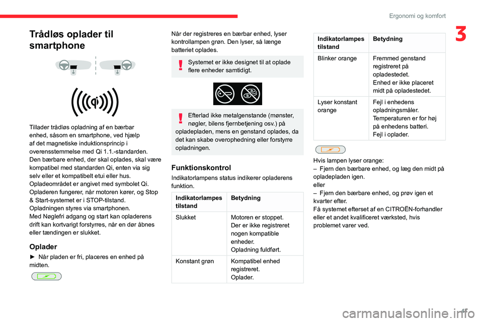 CITROEN BERLINGO VAN 2021 InstruktionsbØger (in Danish) 47
Ergonomi og komfort
3Trådløs oplader til
smartphone
Tillader trådløs opladning af en bærbar
enhed, såsom en smartphone, ved hjælp
af det magnetiske induktionsprincip i
overensste CITROEN BERLINGO VAN 2021 InstruktionsbØger (in Danish) 47
Ergonomi og komfort
3Trådløs oplader til
smartphone
Tillader trådløs opladning af en bærbar
enhed, såsom en smartphone, ved hjælp
af det magnetiske induktionsprincip i
overensste