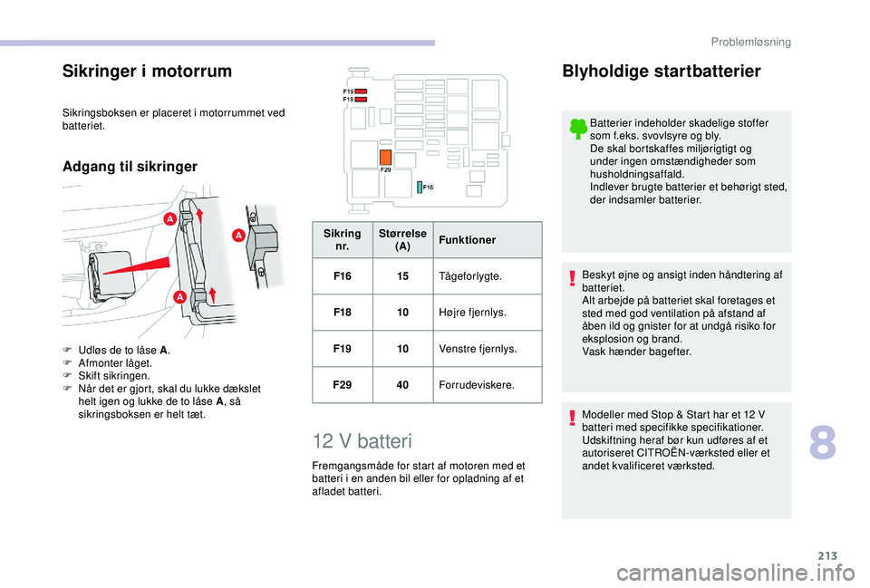 CITROEN BERLINGO VAN 2019  InstruktionsbØger (in Danish) 213
Sikringer i motorrum
Sikringsboksen er placeret i motorrummet ved 
batteriet.
Adgang til sikringer
F Udløs de to låse A.
F  A fmonter låget.
F
 
Sk
 ift sikringen.
F
 
N
 år det er gjort, skal