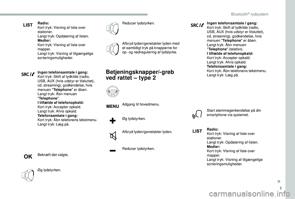 CITROEN BERLINGO VAN 2019  InstruktionsbØger (in Danish) 3
Radio:
Kort tryk: Visning af liste over 
stationer.
Langt tryk: Opdatering af listen.
Medier:
Kort tryk: Visning af liste over 
mapper.
Langt tryk: Visning af tilgængelige 
sorteringsmuligheder.
In