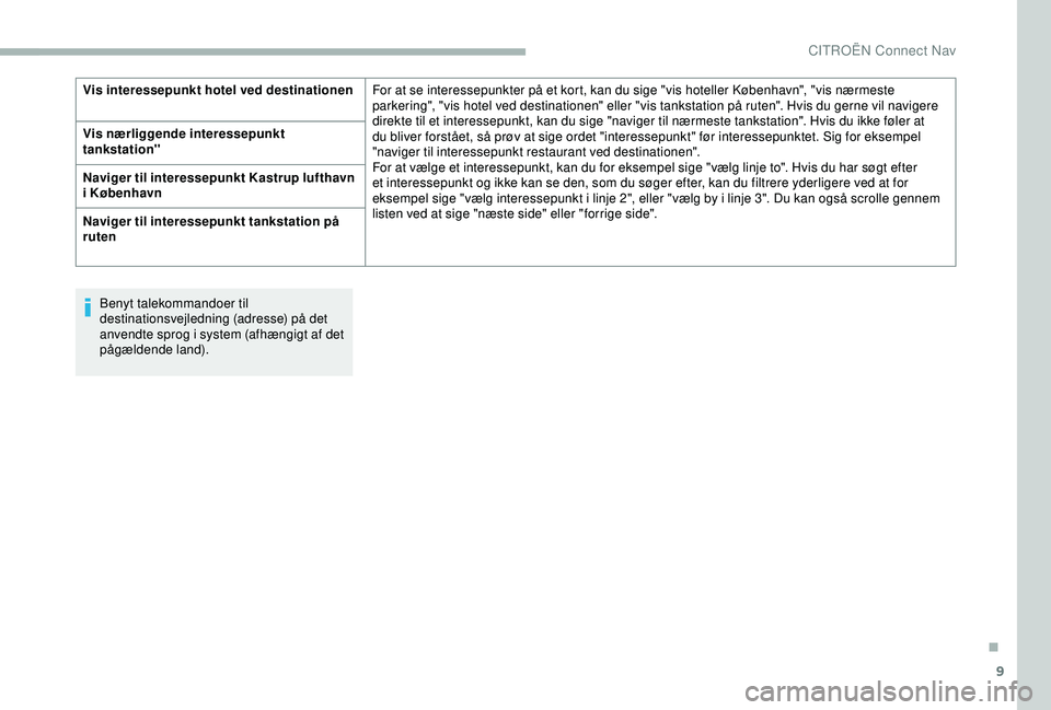 CITROEN BERLINGO VAN 2019  InstruktionsbØger (in Danish) 9
Benyt talekommandoer til 
destinationsvejledning (adresse) på det 
anvendte sprog i system (afhængigt af det 
pågældende land).
Vis interessepunkt hotel ved destinationen
For at se interessepunk
