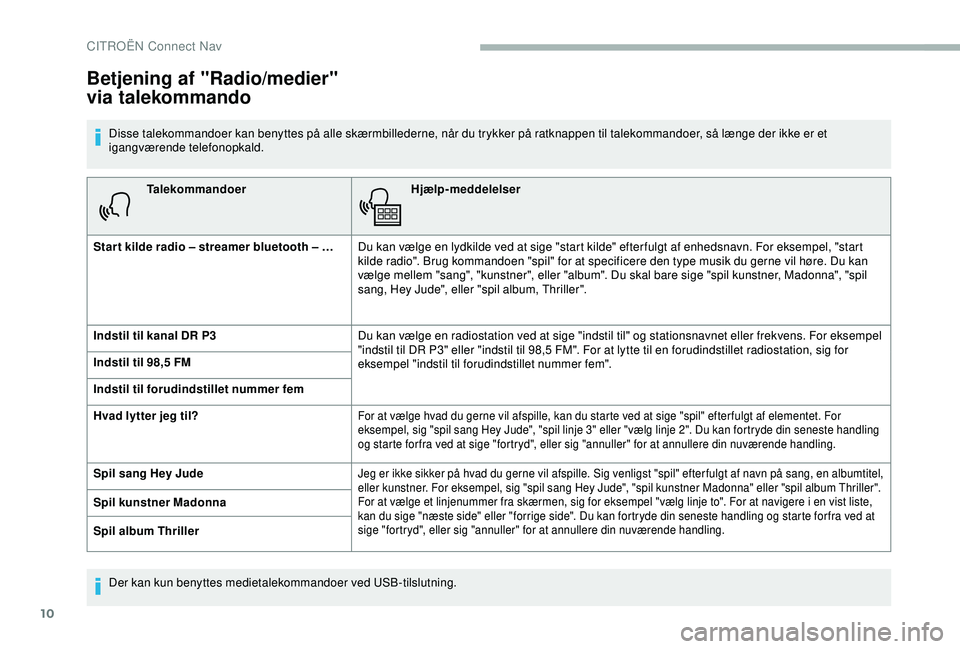 CITROEN BERLINGO VAN 2019  InstruktionsbØger (in Danish) 10
TalekommandoerHjælp-meddelelser
Star t kilde radio – streamer bluetooth – … Du kan vælge en lydkilde ved at sige "start kilde" efter fulgt af enhedsnavn. For eksempel, "start 
k