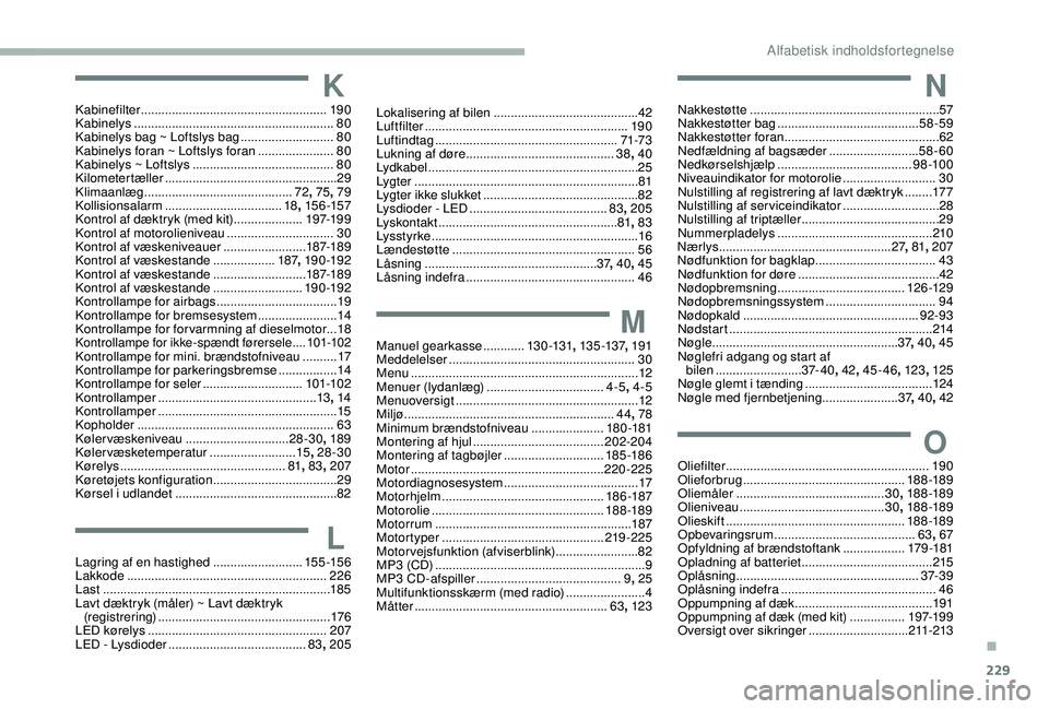 CITROEN BERLINGO VAN 2019  InstruktionsbØger (in Danish) 229
KKabinefilter ...................................................... 19 0
Kabinelys .......................................................... 80
K
abinelys bag ~ Loftslys bag
 
 .................