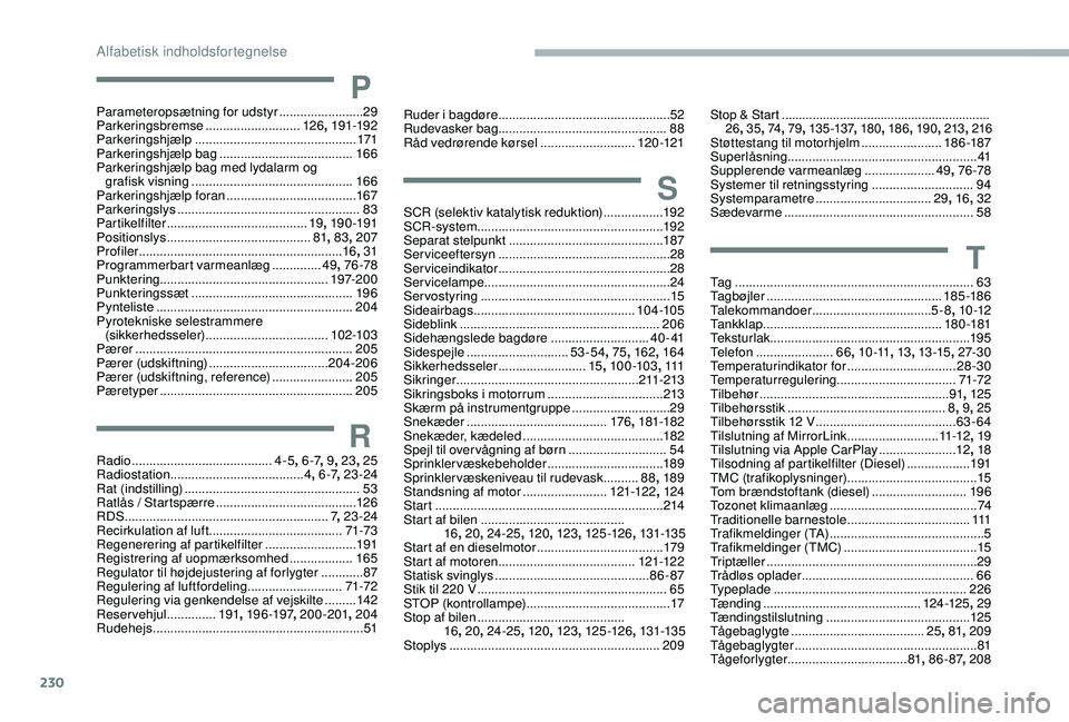 CITROEN BERLINGO VAN 2019  InstruktionsbØger (in Danish) 230
PParameteropsætning for udstyr ........................29
P arkeringsbremse  ...........................126,
 19 1-192
Parkeringshjælp
 

.............................................. 171
Parke