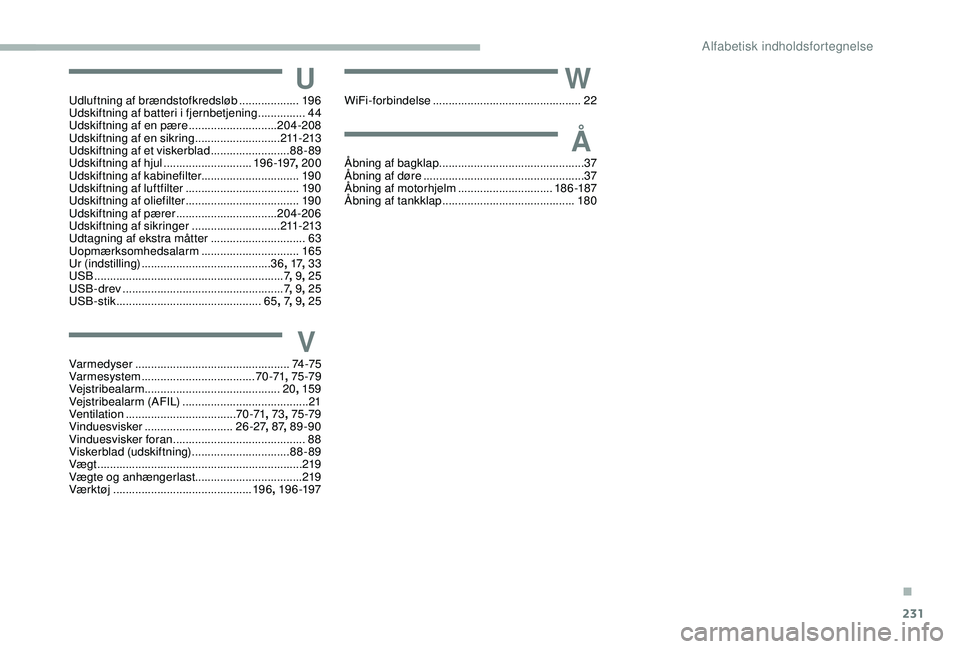 CITROEN BERLINGO VAN 2019  InstruktionsbØger (in Danish) 231
UUdluftning af brændstofkredsløb ...................19 6
Udskiftning af batteri i fjernbetjening  ...............44
Udskiftning af en pære
  ............................204-208
Udskiftning af e