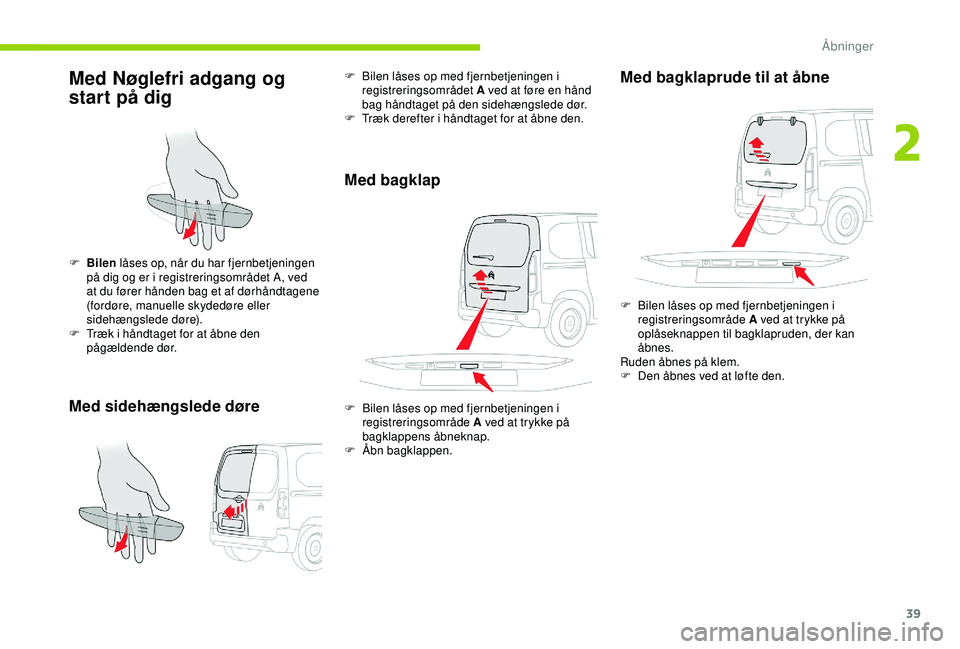 CITROEN BERLINGO VAN 2019  InstruktionsbØger (in Danish) 39
Med Nøglefri adgang og 
start på dig
Med sidehængslede døre
F Bilen låses op, når du har fjernbetjeningen 
på dig og er i registreringsområdet A, ved 
at du fører hånden bag et af dørhå
