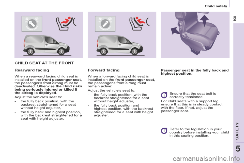 Citroen BERLINGO 2015.5 2.G Owners Manual 109
Berlingo-2-VU_en_Chap05_Securite_ed02-2015Berlingo-2-VU_en_Chap05_Securite_ed02-2015
CHILD SEAT AT   THE   FRONT
Passenger seat in the fully back and 
highest position.Rearward facing
When a rearw