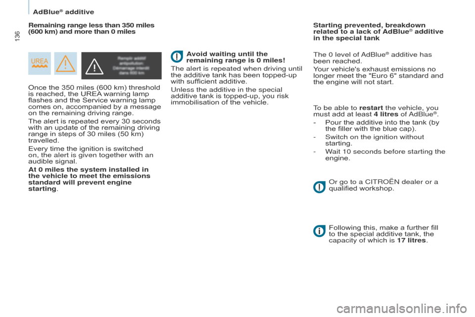 Citroen BERLINGO 2015.5 2.G Owners Manual 136
Berlingo-2-VU_en_Chap07_Verification_ed02-2015Berlingo-2-VU_en_Chap07_Verification_ed02-2015
Once the 350 miles (600 km) threshold 
is reached, the UREA warning lamp 
flashes and the Service warni