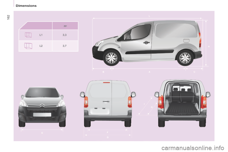 Citroen BERLINGO 2015.5 2.G Owners Manual 162
Berlingo-2-VU_en_Chap09_Caract-technique_ed02-2015Berlingo-2-VU_en_Chap09_Caract-technique_ed02-2015 
dimensions  