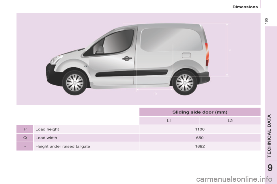 Citroen BERLINGO 2015.5 2.G Owners Manual 165
Berlingo-2-VU_en_Chap09_Caract-technique_ed02-2015Berlingo-2-VU_en_Chap09_Caract-technique_ed02-2015
L1L2
P Load height 1100
Q Load width 650
- Height under raised tailgate 1892
Sliding side door 