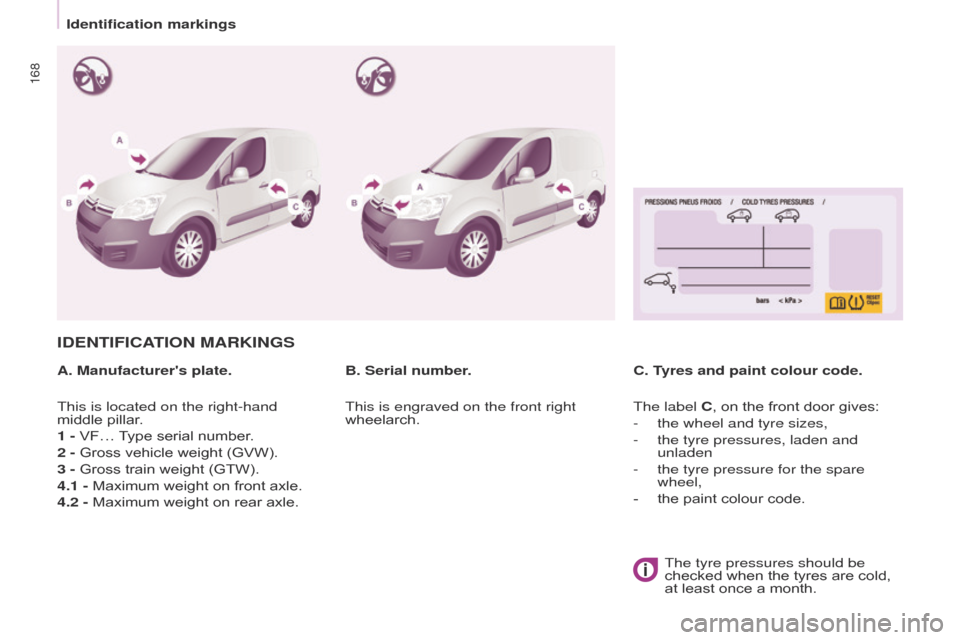 Citroen BERLINGO 2015.5 2.G Owners Manual 168
Berlingo-2-VU_en_Chap09_Caract-technique_ed02-2015Berlingo-2-VU_en_Chap09_Caract-technique_ed02-2015
IDENTIFICATION MARKINGS
A. Manufacturers plate.C. Tyres and paint colour code.
B. Serial numbe
