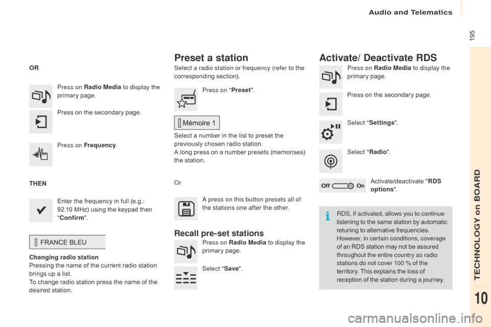 Citroen BERLINGO 2015.5 2.G User Guide  195
Berlingo-2-VU_en_Chap10a_SMEGplus_ed02-2015
Select a radio station or frequency (refer to the 
corresponding section).Press on Radio Media
 to display the 
primary page.
Press on the secondary pa