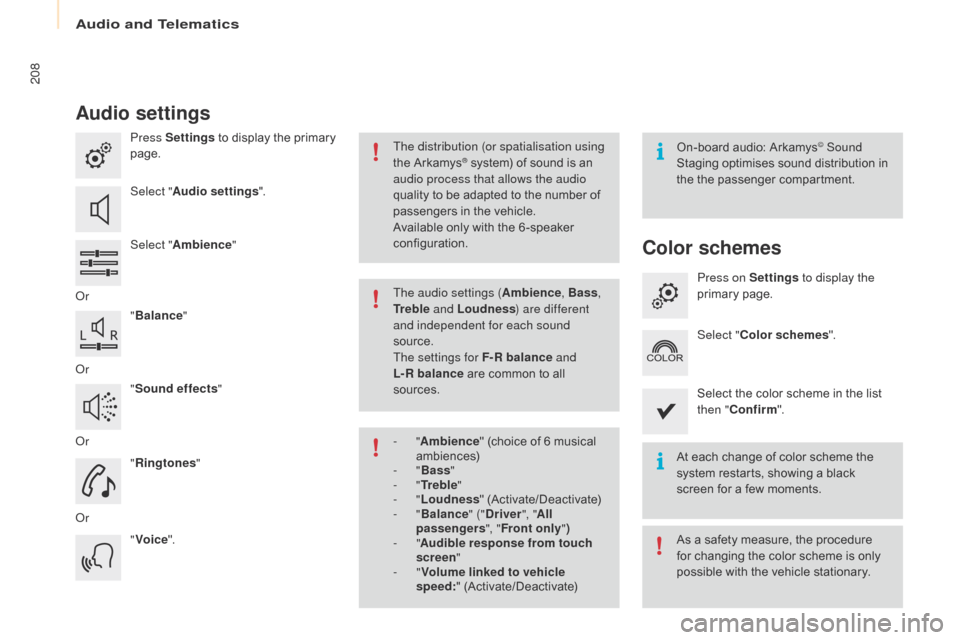 Citroen BERLINGO 2015.5 2.G User Guide 208
Berlingo-2-VU_en_Chap10a_SMEGplus_ed02-2015
Audio settings
Press Settings to display the primary 
page.
Select " Audio settings ".
Select " Ambience "
o

r "Balance "
o

r "Sound effects "
o

r "R