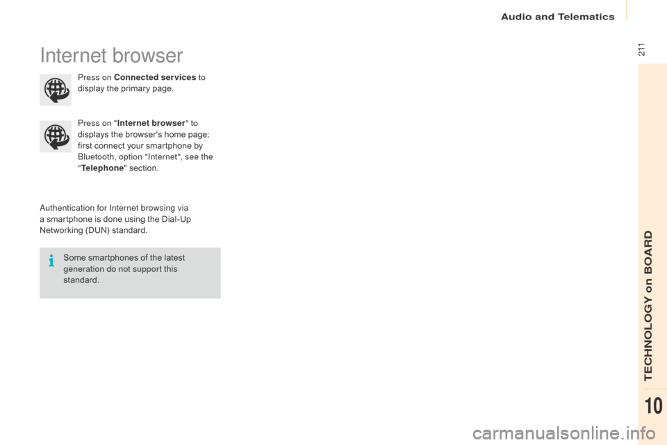 Citroen BERLINGO 2015.5 2.G Owners Manual  2 11
Berlingo-2-VU_en_Chap10a_SMEGplus_ed02-2015
Internet browser
authentication for Internet browsing via 
a smartphone is done using the Dial-Up 
Networking (DUN) standard.Press on "
Internet brows