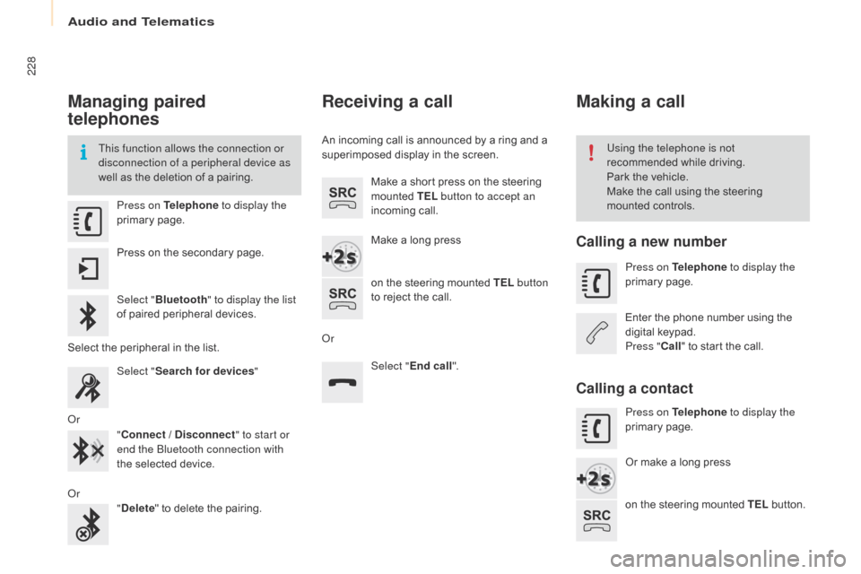 Citroen BERLINGO 2015.5 2.G Owners Manual 228
Berlingo-2-VU_en_Chap10a_SMEGplus_ed02-2015
Managing paired 
telephones
This function allows the connection or 
disconnection of a peripheral device as 
well as the deletion of a pairing.Using the