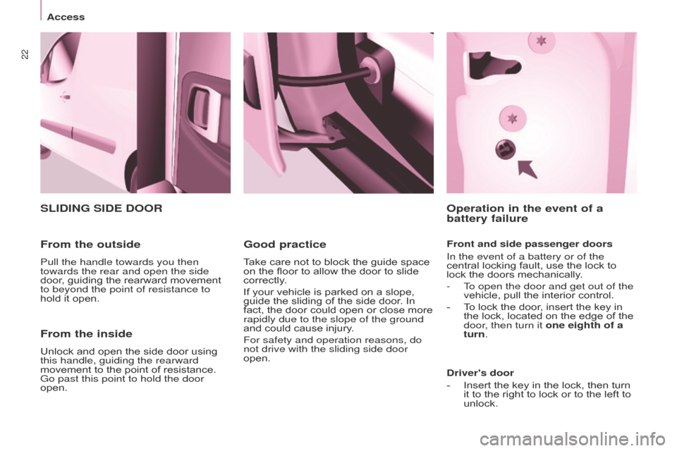 Citroen BERLINGO 2015.5 2.G Owners Manual 22
Access
Berlingo-2-VU_en_Chap03_Pret-a-partir_ed02-2015
From the inside
Unlock and open the side door using 
this handle, guiding the rearward 
movement to the point of resistance. 
Go past this poi