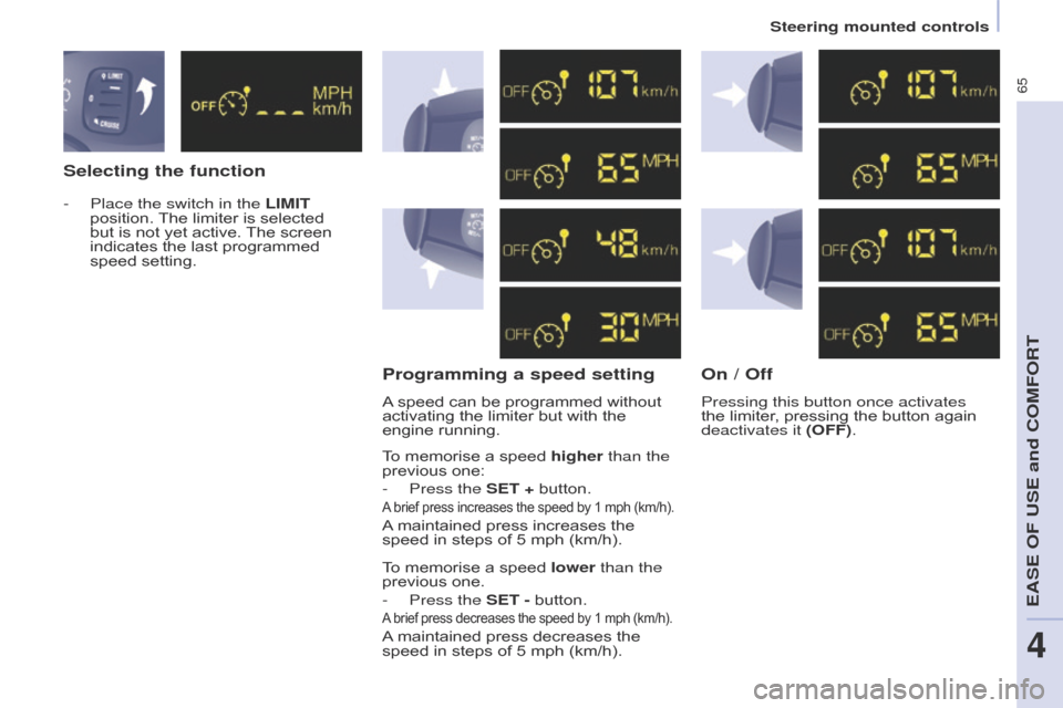 Citroen BERLINGO 2015.5 2.G Repair Manual 65
Berlingo-2-VU_en_Chap04_Ergonomie_ed02-2015
Selecting the functionProgramming a speed setting On / Off
To memorise a speed higher than the 
previous one:
- 
Press the 
 SET + button.
A brief press 