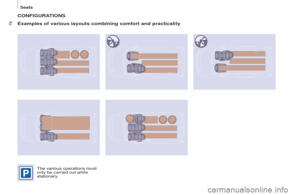 Citroen BERLINGO 2015.5 2.G Manual PDF 78
Berlingo-2-VU_en_Chap04_Ergonomie_ed02-2015
Seats
Berlingo-2-VU_en_Chap04_Ergonomie_ed02-2015
CONFIGURATIONS
Examples of various layouts combining comfort and practicality
The various operations mu