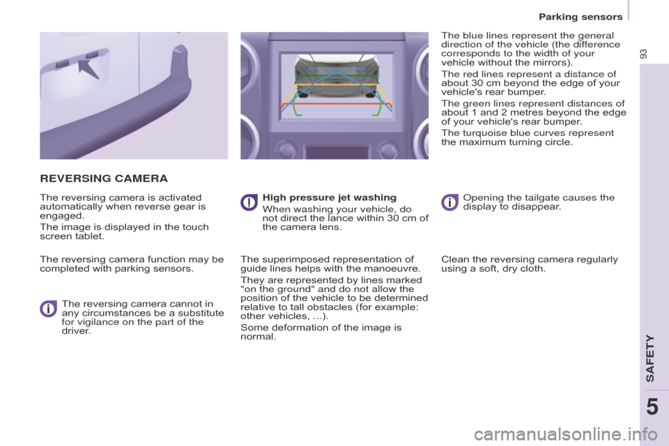 Citroen BERLINGO 2015.5 2.G User Guide 93
Berlingo-2-VU_en_Chap05_Securite_ed02-2015
REVERSING CAMERA
The reversing camera is activated 
automatically when reverse gear is 
engaged.
The image is displayed in the touch 
screen tablet.
The r