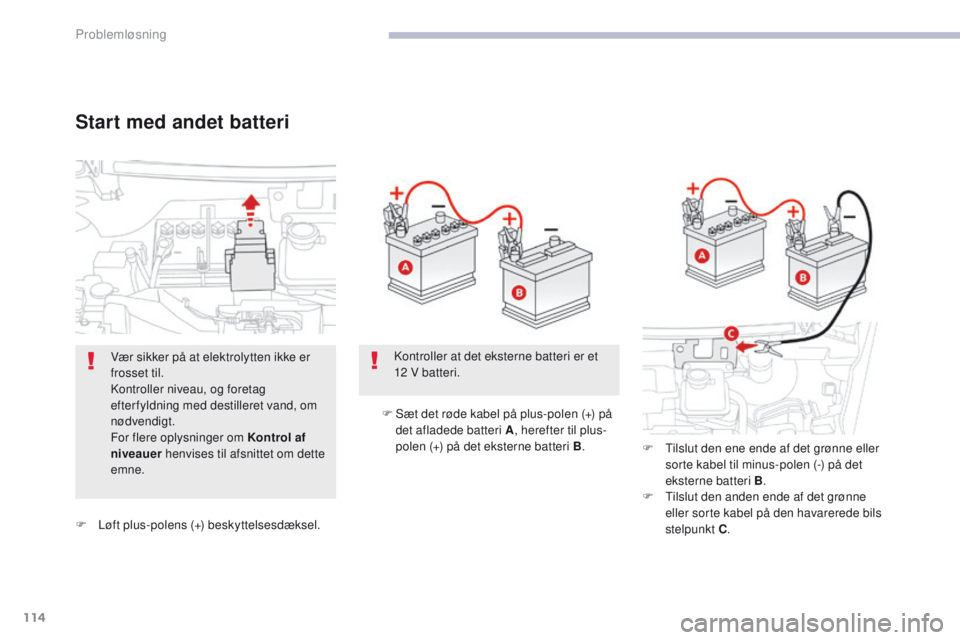 CITROEN C-ZERO 2017 InstruktionsbØger (in Danish) 114
C-Zero_da_Chap08_en-cas-de-panne_ed01-2016
F Løft plus-polens (+) beskyttelsesdæksel.F
S
æt det røde kabel på plus-polen (+) på
det afladede batteri A , herefter til plus-
polen (+) på CITROEN C-ZERO 2017 InstruktionsbØger (in Danish) 114
C-Zero_da_Chap08_en-cas-de-panne_ed01-2016
F Løft plus-polens (+) beskyttelsesdæksel.F
S
æt det røde kabel på plus-polen (+) på
det afladede batteri A , herefter til plus-
polen (+) på