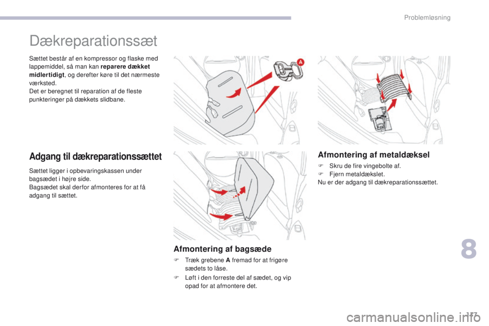 CITROEN C-ZERO 2017 InstruktionsbØger (in Danish) 117
C-Zero_da_Chap08_en-cas-de-panne_ed01-2016
Sættet ligger i opbevaringskassen under
bagsædet i højre side.
Bagsædet skal der for afmonteres for at få
adgang til sættet. Sættet består af e CITROEN C-ZERO 2017 InstruktionsbØger (in Danish) 117
C-Zero_da_Chap08_en-cas-de-panne_ed01-2016
Sættet ligger i opbevaringskassen under
bagsædet i højre side.
Bagsædet skal der for afmonteres for at få
adgang til sættet. Sættet består af e