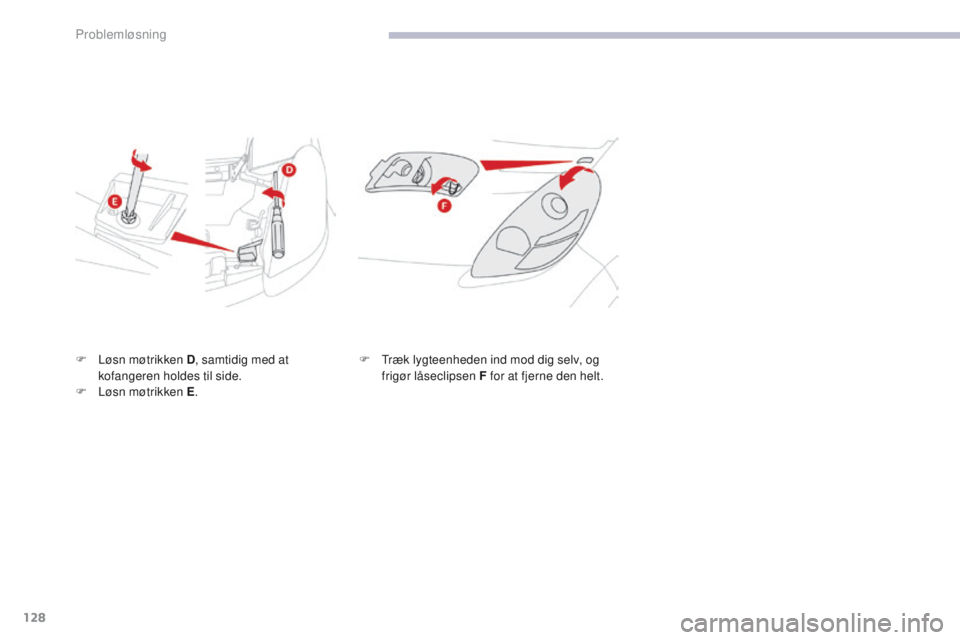 CITROEN C-ZERO 2017 InstruktionsbØger (in Danish) 128
C-Zero_da_Chap08_en-cas-de-panne_ed01-2016
F Løsn møtrikken D, samtidig med at
kofangeren holdes til side.
F
L
øsn møtrikken E . F
T ræk lygteenheden ind mod dig selv, og
frigør låsec CITROEN C-ZERO 2017 InstruktionsbØger (in Danish) 128
C-Zero_da_Chap08_en-cas-de-panne_ed01-2016
F Løsn møtrikken D, samtidig med at
kofangeren holdes til side.
F
L
øsn møtrikken E . F
T ræk lygteenheden ind mod dig selv, og
frigør låsec