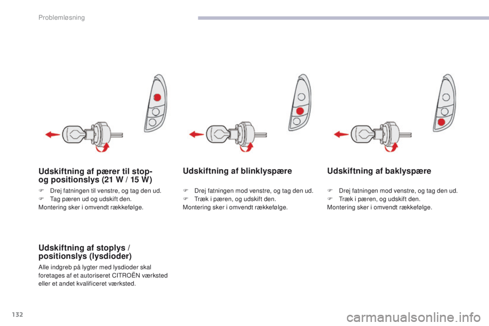 CITROEN C-ZERO 2017  InstruktionsbØger (in Danish) 132
C-Zero_da_Chap08_en-cas-de-panne_ed01-2016
Udskiftning af blinklyspære
Udskiftning af stoplys / 
positionslys (lysdioder)
Alle indgreb på lygter med lysdioder skal 
foretages af et autoriseret C