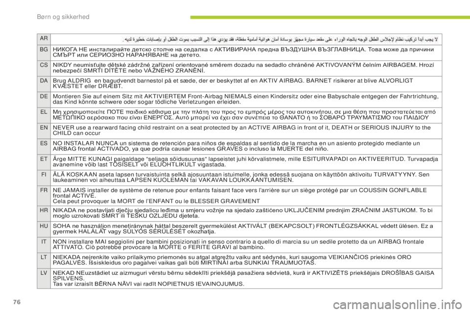 CITROEN C-ZERO 2016  InstruktionsbØger (in Danish) Ar
bg
НИКОГА	НЕ	инсталирайте	детско	столче	на	седалка	с	АКТИВИРАНА	предна	ВЪЗДУШНА	ВЪЗГЛАВНИЦ А.	Това	може	да	п�
