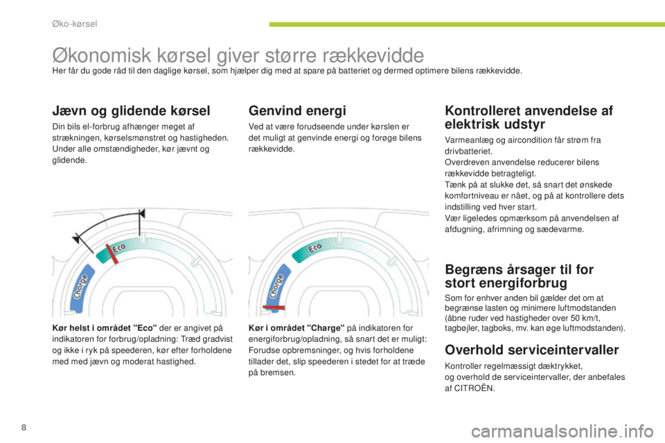 CITROEN C-ZERO 2016  InstruktionsbØger (in Danish) 8
C-zero_da_Chap00c_Eco-conduite_ed01-2014
Økonomisk kørsel giver større rækkeviddeHer får du gode råd til den daglige kørsel, som hjælper dig med at spare på batteriet og dermed optimere bil