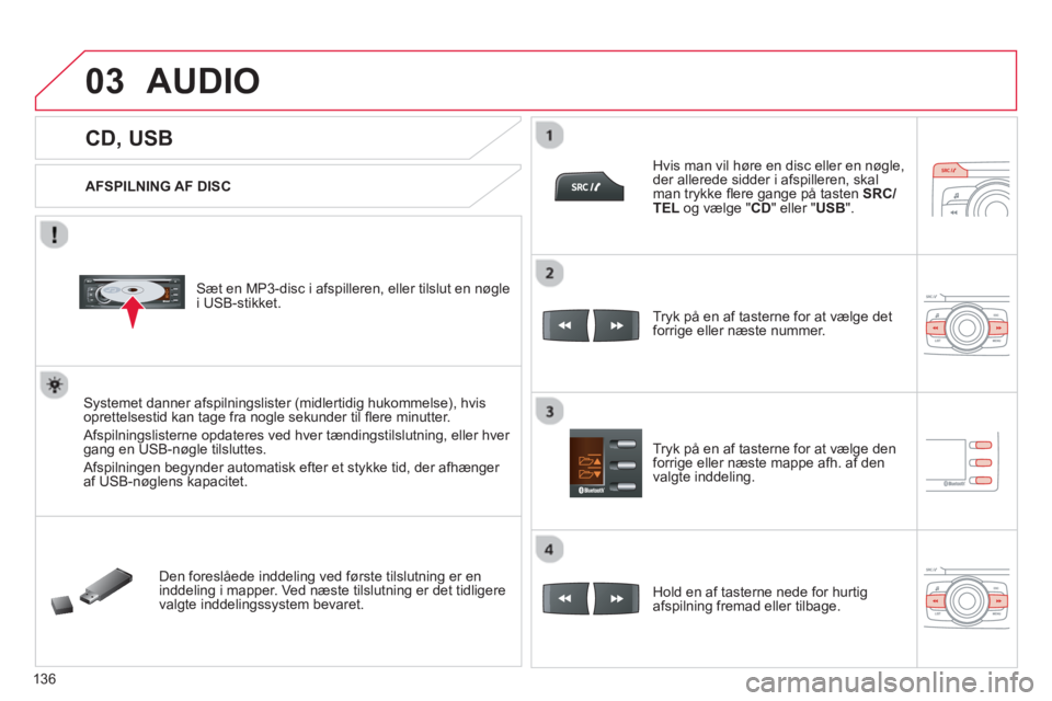 CITROEN C-ZERO 2014  InstruktionsbØger (in Danish) 03
136
   
 
 
 
 
 
 
 
 
 
 
CD, USB 
AUDIO 
 
 
AFSPILNING AF DISC
   
Sæt en MP3-disc i afspilleren, eller tilslut en nø
gle 
i USB-stikket.  
Systemet danner afspilningslister (midlertidig huko