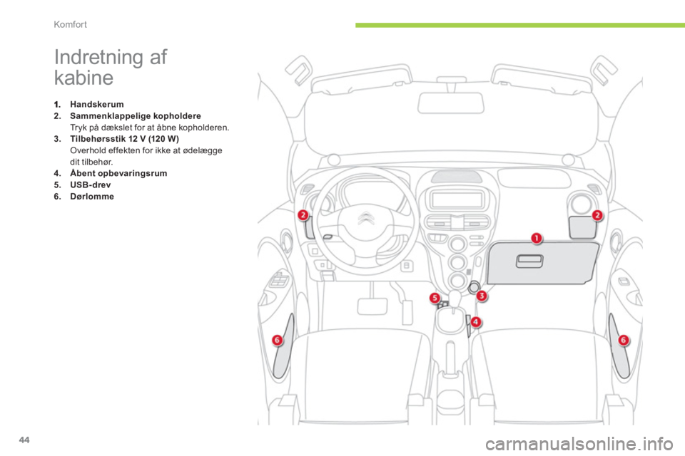 CITROEN C-ZERO 2014  InstruktionsbØger (in Danish) Komfor t
44
   
 
 
 
 
 
 
 
 
 
 
 
 
 
 
 
 
 
 
 
Indretning af 
kabine 
Handskerum2.Sammenklappelige kopholdereTryk på dækslet for at åbne kopholderen. 3.Tilbehørsstik 12 V (120 W)Overhold ef