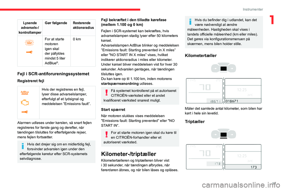 CITROEN C3 AIRCROSS 2021  InstruktionsbØger (in Danish) 15
Instrumenter
1Lysende 
advarsels-/
kontrollamperGør følgendeResterende 
aktionsradius
 
 
For at starte 
motoren 
igen skal 
der påfyldes 
mindst 5 liter 
AdBlue
®. 0 km
Fejl i SCR-
antiforuren