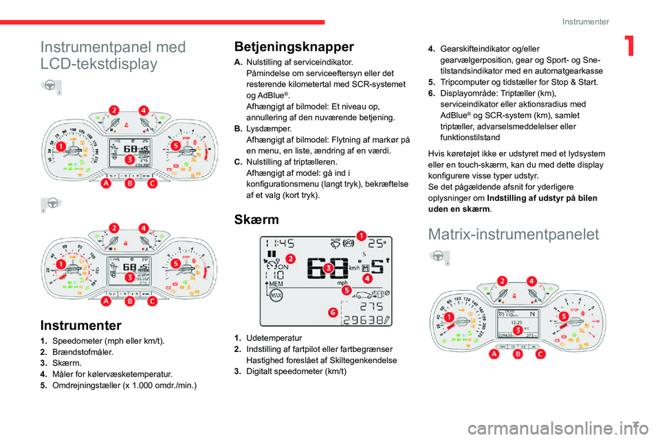 CITROEN C3 AIRCROSS 2021  InstruktionsbØger (in Danish) 7
Instrumenter
1Instrumentpanel med 
LCD-tekstdisplay
  
 
   
 
 
Instrumenter
1. Speedometer (mph eller km/t).
2. Brændstofmåler.
3. Skærm.
4. Måler for kølervæsketemperatur.
5. Omdrejningstæ