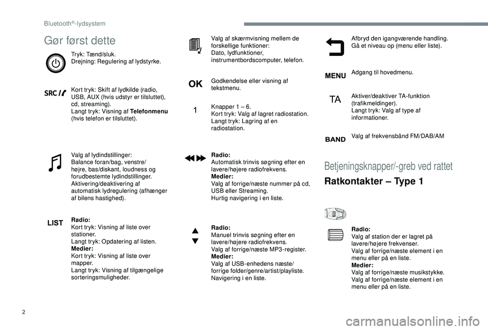 CITROEN C3 AIRCROSS 2019 InstruktionsbØger (in Danish) 2
Gør først dette
Tryk: Tænd/sluk.
Drejning: Regulering af lydstyrke.
Kort tryk: Skift af lydkilde (radio,
USB, AUX (hvis udstyr er tilsluttet),
cd, streaming).
Langt tryk: Visning af Telefonmenu CITROEN C3 AIRCROSS 2019 InstruktionsbØger (in Danish) 2
Gør først dette
Tryk: Tænd/sluk.
Drejning: Regulering af lydstyrke.
Kort tryk: Skift af lydkilde (radio,
USB, AUX (hvis udstyr er tilsluttet),
cd, streaming).
Langt tryk: Visning af Telefonmenu