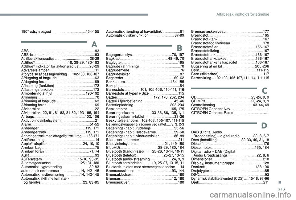CITROEN C3 AIRCROSS 2019  InstruktionsbØger (in Danish) 213
180° udsyn bagud ..................................15 4 -15 5
AABS ................................................................. 93
ABS-bremser  ..............................................