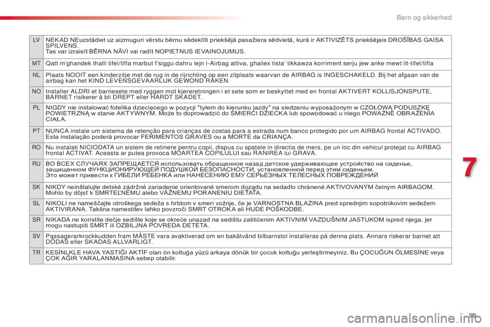 CITROEN C3 PICASSO 2015 InstruktionsbØger (in Danish) LVNEK AD NEuzstādiet uz aizmuguri vērstu bērnu sēdeklīti priekšējā pasažiera sēdvietā, kurā ir AKTIVIZĒTS priekšējais DROŠĪBAS GAISA sPI LV En s.
T
as var izraisīt BĒRNA NĀVI vai r CITROEN C3 PICASSO 2015 InstruktionsbØger (in Danish) LVNEK AD NEuzstādiet uz aizmuguri vērstu bērnu sēdeklīti priekšējā pasažiera sēdvietā, kurā ir AKTIVIZĒTS priekšējais DROŠĪBAS GAISA sPI LV En s.
T
as var izraisīt BĒRNA NĀVI vai r