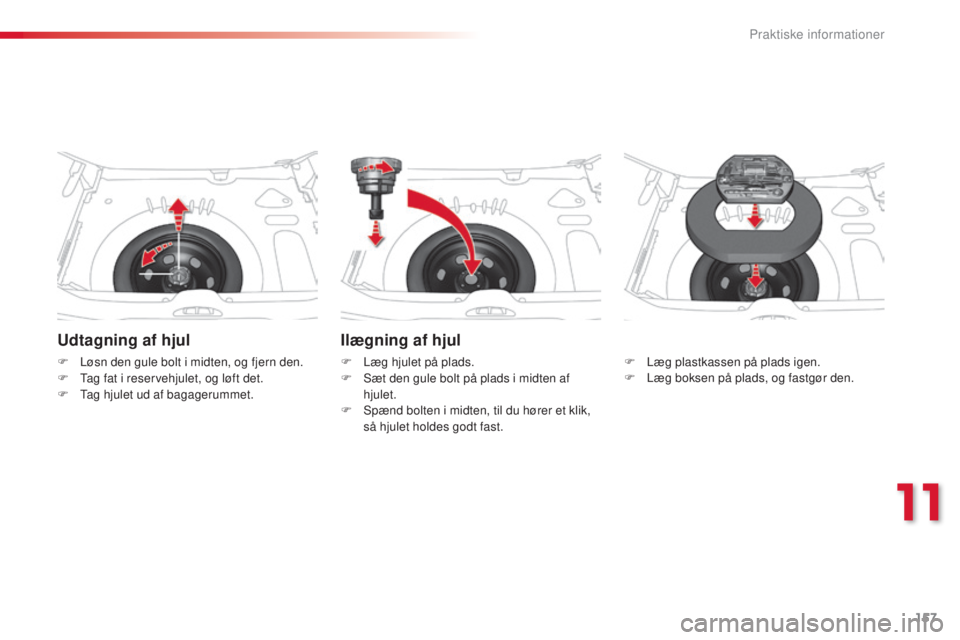 CITROEN C3 PICASSO 2015 InstruktionsbØger (in Danish) 157
C3Picasso_da_Chap11_informations-pratiques_ed01-2014
Udtagning af hjul
F Løsn den gule bolt i midten, og fjern den.
F ta g fat i reservehjulet, og løft det.
F
t
a
g hjulet ud af bagagerummet CITROEN C3 PICASSO 2015 InstruktionsbØger (in Danish) 157
C3Picasso_da_Chap11_informations-pratiques_ed01-2014
Udtagning af hjul
F Løsn den gule bolt i midten, og fjern den.
F ta g fat i reservehjulet, og løft det.
F
t
a
g hjulet ud af bagagerummet
